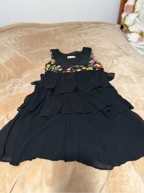 Allanah Hill Euro Black Tiered Mini Dress with Floral Beading Uk 10 US 6